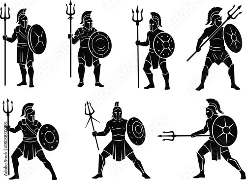 Ancient Greek warriors with shields and tridents, hoplite soldiers, mythological battle concept flat vector illustration