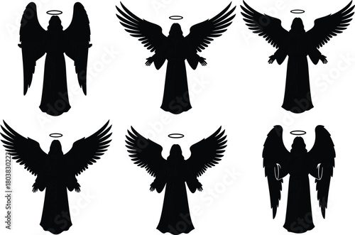 Angel silhouettes, holy spiritual beings, divine wings, religious figures, celestial guardians, heavenly protection flat vector