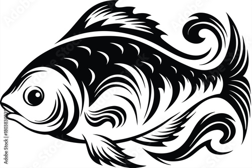 Stylized monochrome fish with swirling fins and tail showcases tribal art