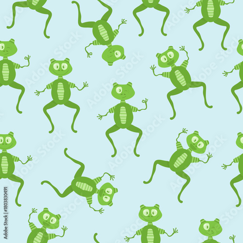 Seamless pattern with green frogs on a blue background for children's designs