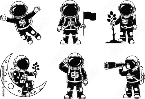 Astronaut characters in space activities, cosmic explorers with plants and telescope, creative space icons, discovery art flat vector