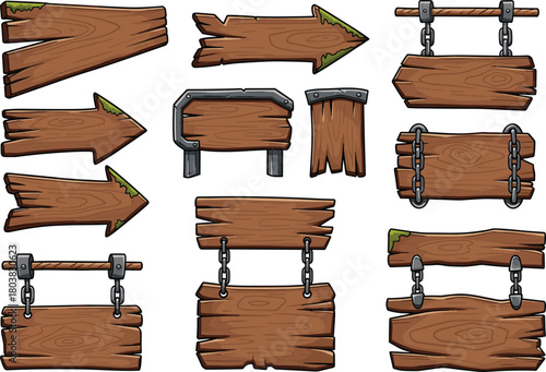 Cartoon wooden sign collection, rustic planks and arrows, moss and metal accents, fantasy game UI elements, stylized vector illustration set, no text