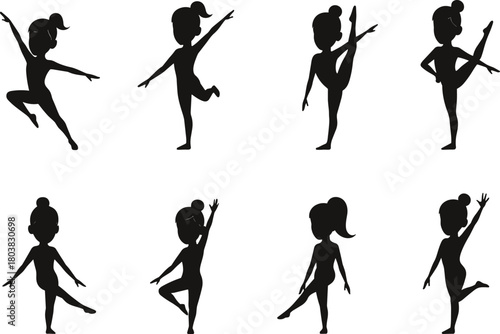 Ballet dancer silhouettes, female dance poses, elegant performance illustration, flexibility movement art, flat vector design