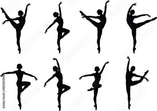Ballet dancers performing classical poses, graceful movement, stage performance, choreography, elegance flat vector illustration