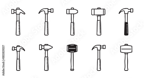 Variety of hammer types with distinct heads outline illustration style
