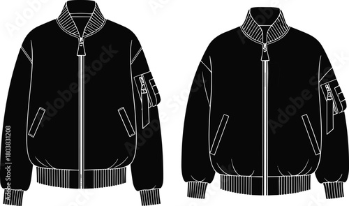 Black bomber jacket fashion flat vector, outerwear design set, stylish clothing illustration, modern apparel collection