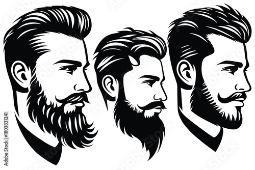 Three bearded Caucasian men are shown in a striking monochrome stylized portrait