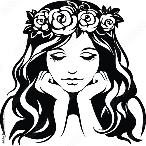 Thoughtful girl with long wavy hair and a rose crown rests her chin on hands