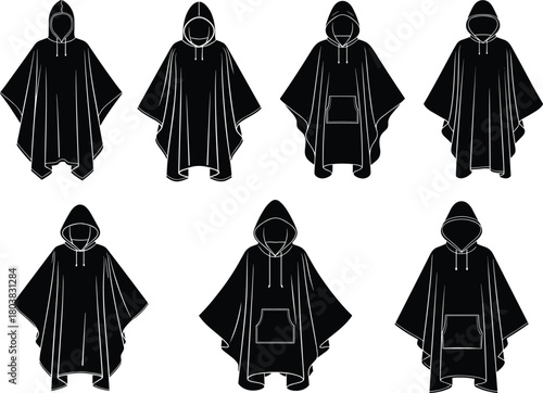Black hooded poncho fashion flat vector, outerwear design set, stylish clothing illustration, modern apparel collection