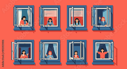 People in windows of an apartment building, social distancing during quarantine, illustration