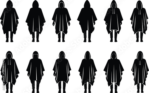 Black hooded cloak poncho fashion flat vector, outerwear design set, stylish clothing illustration, modern apparel collection