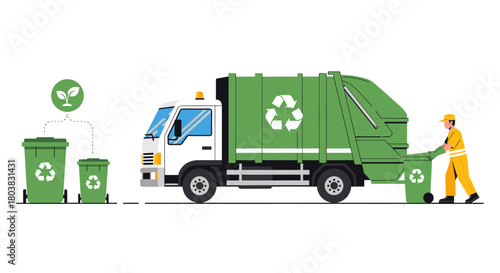 Garbage truck collecting trash from bins with recycling symbol, isolated on