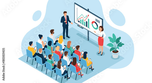 Business meeting presentation with charts and graphs on a whiteboard, audience in attendance