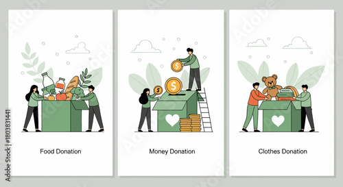 Charity and donation concept with people giving toys, money, and clothes to a donation box
