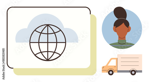 Globe in cloud, womans portrait, delivery truck highlight communication, logistics, transport, teamwork, network operations. Ideal for shipping, globalization technology collaboration e-commerce