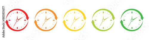 Five clocks in a row with different colors and arrows indicating the passage of time on a white background