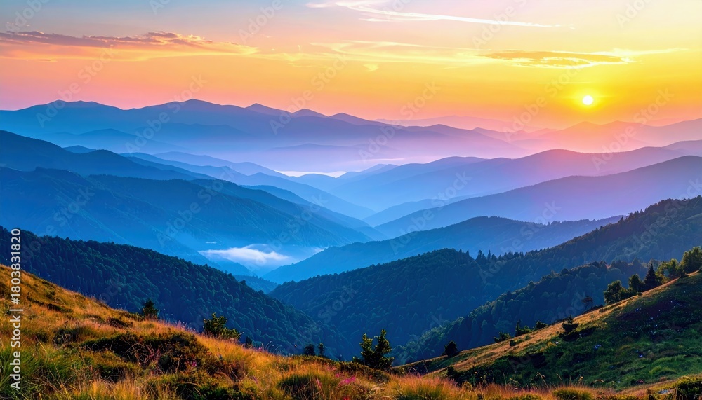 Fototapeta premium A breathtaking sunrise illuminates a vast mountain range, with layers of blue peaks receding into the distance under a colorful sky.
