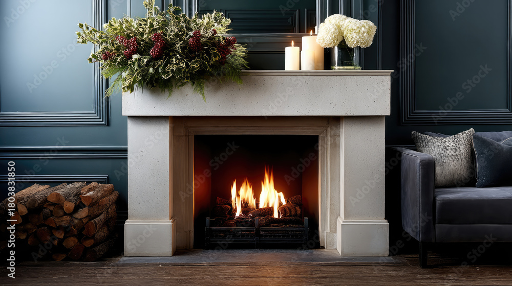 Naklejka premium Cosy fireplace with burning fire, elegant mantel, floral arrangement, candles, wood stack, dark wall, inviting living room