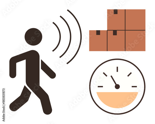 Person walking with signal waves, stack of boxes, and a gauge icon. Ideal for logistics, workflow optimization, time management, tracking systems, speed monitoring, warehouse efficiency and delivery