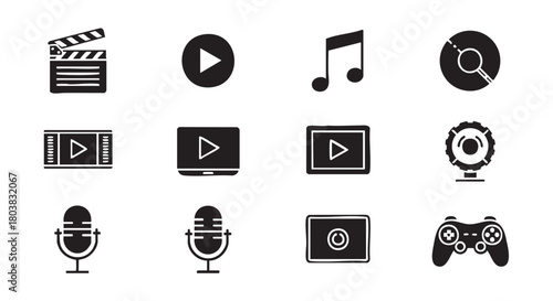 Video Production and Audio Recording Icons Set on White Background
