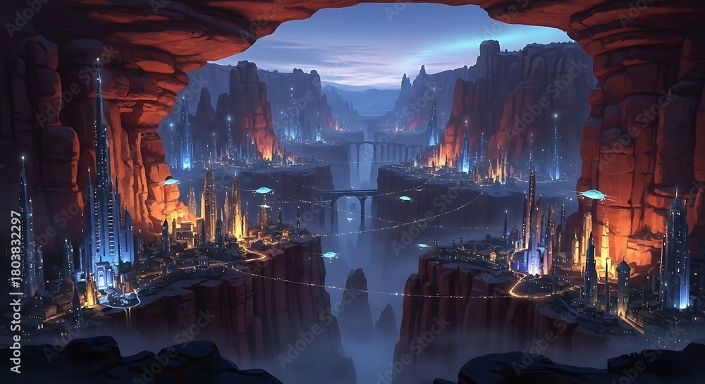 Fototapeta premium Fantasy Underground City with Glowing Structures and Waterways.