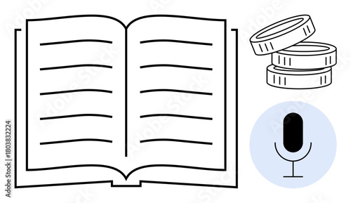 Open book symbolizing learning, microphone indicating communication or media, and coins for financial concepts. Ideal for education, media, podcasting, finance, storytelling, knowledge economy