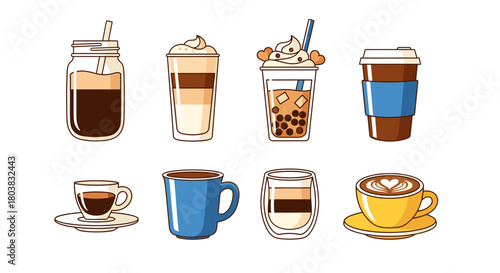 Collection of various coffee drinks in different cups and glasses, isolated on
