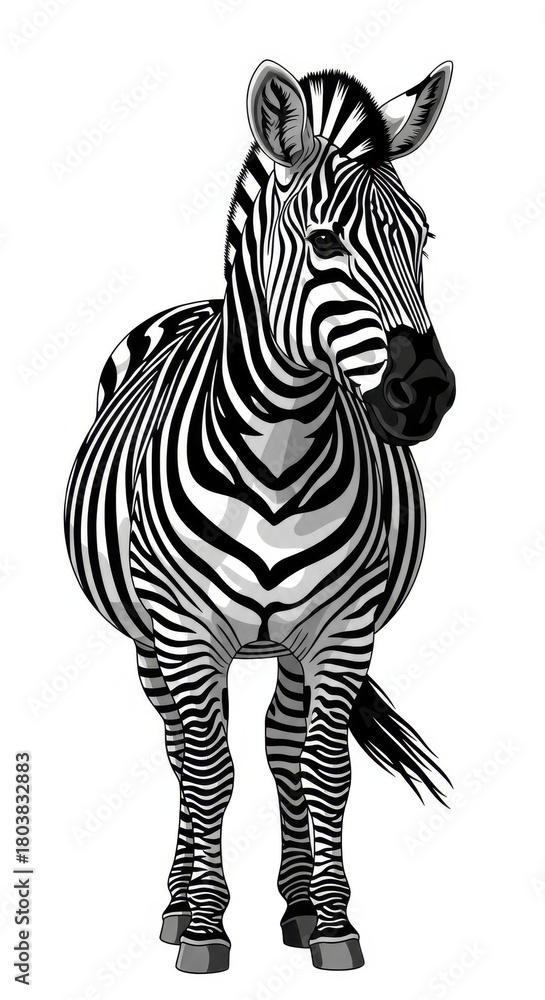 Obraz premium A black and white zebra stands facing forward with its head turned slightly to the right.