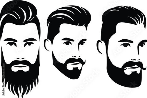 Three bearded man faces showcase distinct hairstyle and facial hair styles in bold black