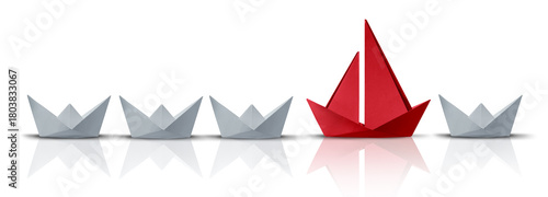 Leadership Beyond Ordinary as a group of ordinary paper boats and thinking out of the box as a game changer with disruptive new creative technology as a leader changing the status quo.