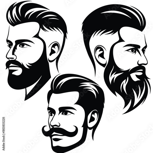 Three bearded men display unique hairstyles in black and white monochrome portraits
