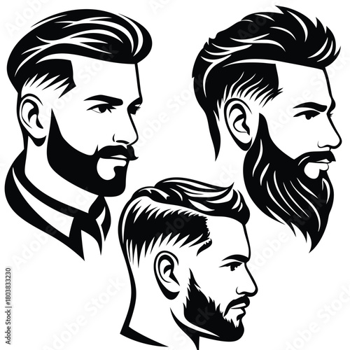 Three bearded man profiles showcase distinct hairstyle and facial hair styles in monochrome