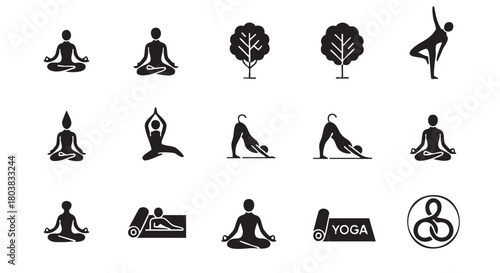 Yoga Poses Meditation Relaxation Black Silhouettes on White Background Set