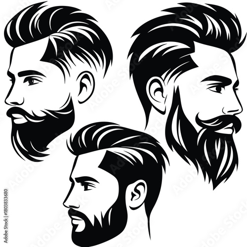 Three bearded men portraits showing elegant hair and beard styles in black silhouette