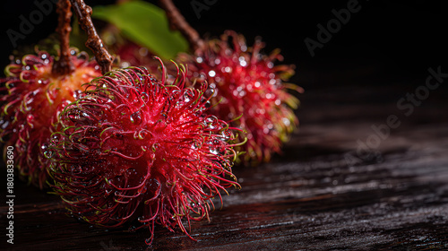 Fototapeta Naklejka Na Ścianę i Meble -  Red rambutan fruits with water droplets on dark wood.