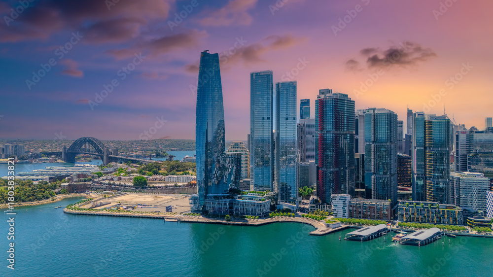 Obraz premium 18 November 2025 Panoramic night view of Sydney Harbour and City Skyline of NSW Australia beautiful colourful skies on a beautiful spring day