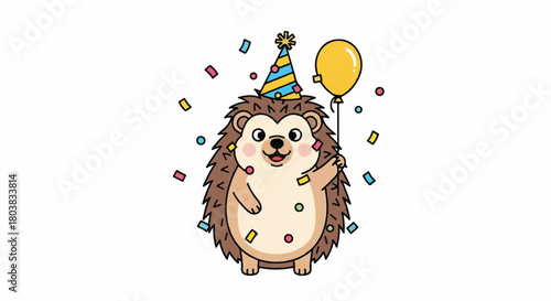 Playful illustrated hedgehog celebrating with balloons and confetti in a whimsical woodland setting.