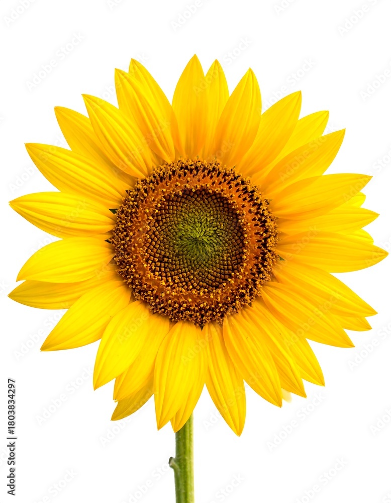 Fototapeta premium Close-up of a vibrant sunflower against a pristine white backdrop, showcasing its radiant yellow petals and central disk