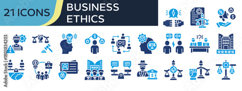 Collection of Business Ethics icons, related to Legal System, Awareness, Behavior, Social justice, Moral principles and more. Solid icons vector illustation.