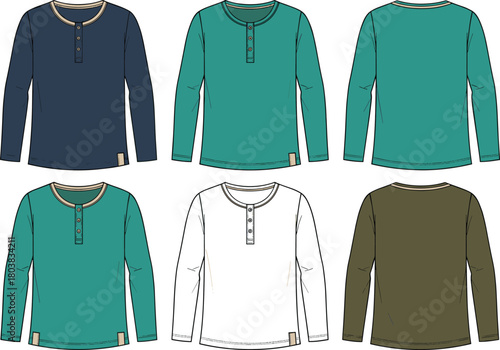 Vector technical flat sketch of men long sleeve Henley shirt featuring button placket, round neck, hem tag, front and back views for fashion design templates.