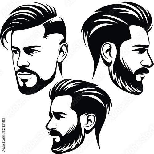 Three bearded men show diverse hairstyles in a monochrome profile view composition
