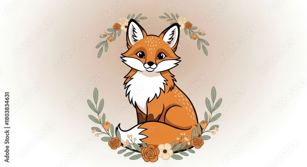 Obraz premium Adorable cartoon fox sits prettily within a floral wreath, perfect for nature themes.