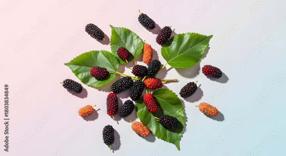 Naklejka premium Fresh mulberries with green leaves arranged on a white surface.