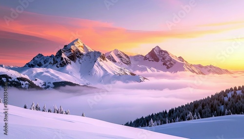 A breathtaking winter landscape featuring snow-covered mountain peaks emerging from a blanket of clouds, illuminated by a vibrant sunrise.