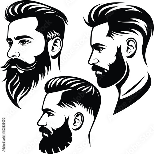 Three bearded men showcase different haircuts and styles in black art