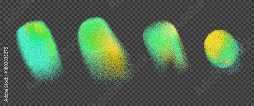 Grain abstract yellow green blob noise gradient icons. Grain vivid gradation fluid shape dot airbrush spray shape. Vector noise stippled abstract figures with grunge isolated on transparent background