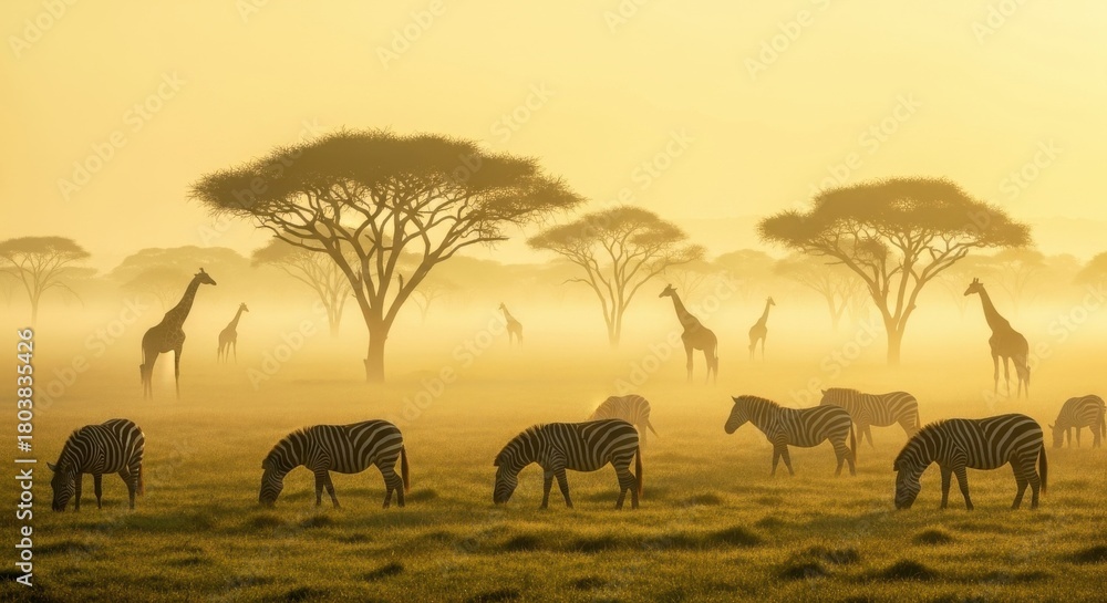 Obraz premium Zebras and giraffes graze peacefully on grassy savanna during misty sunrise.