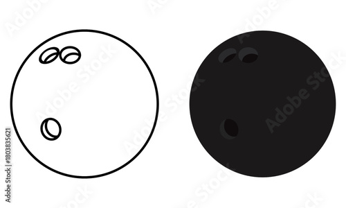 Bowling Ball Vector Icon Set in Black Filled and Outline Styles. Perfect for sports illustrations, bowling alley graphics