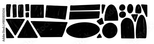 Black ink geometric shapes. Grunge hand drawn tags noise set. Ink rolled text boxes grainy textured frames. Arch, rectangle, triangle chalk crayon callouts figures. Vector pen quotation stickers.