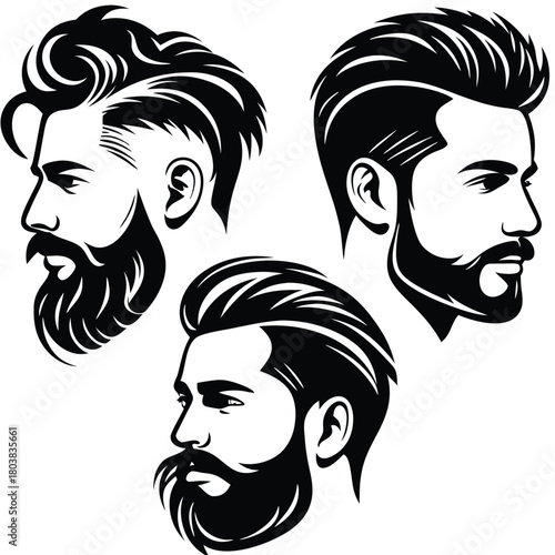 Three bearded men showcase fashionable hairstyles in silhouette portraits on a white backdrop